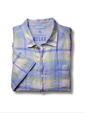 Tommy Bahama Light Blue & Lime Plaid 100% Linen Short Sleeve Button-Down XL